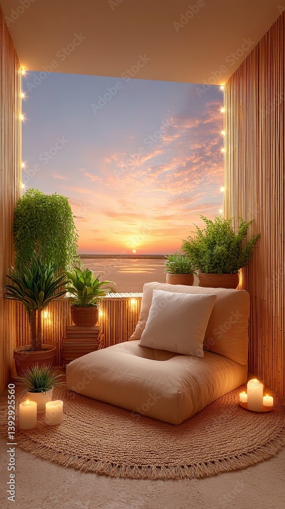 Naklejka premium DIY home sanctuaries small indoor cozy corner inspiration, Cozy balcony with plants, candles, and sunset view by the sea. Tiny sanctuary design, balcony retreat décor