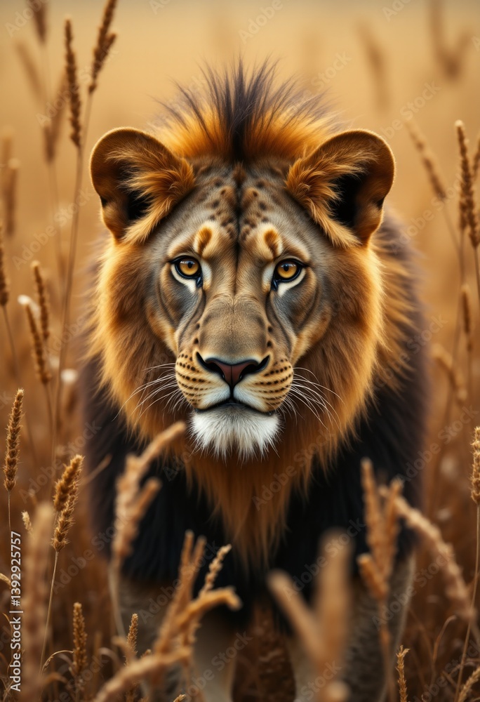 Fototapeta premium a lion standing in tall grass in the middle of a field, surrounded by plants The background is slightly blurred, giving the lion a sense of focus and prominence
