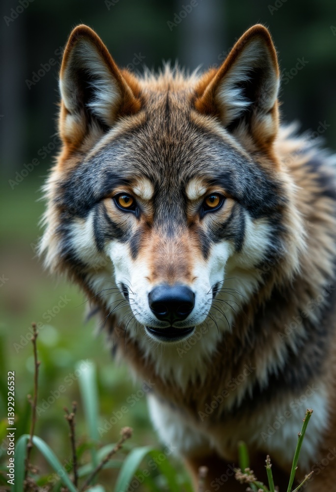 a close up of a wolf standing in the grass, with its brown, black and white fur standing out against the blurred background a close up of a wolf standing in the grass, with its brown, black and white fur standing out against the blurred background