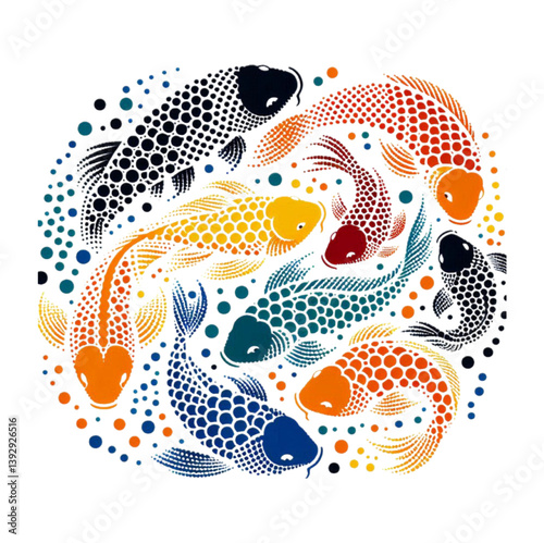 A colorful vector design of koi carps, the traditional Japanese fish, featuring dots pattern.