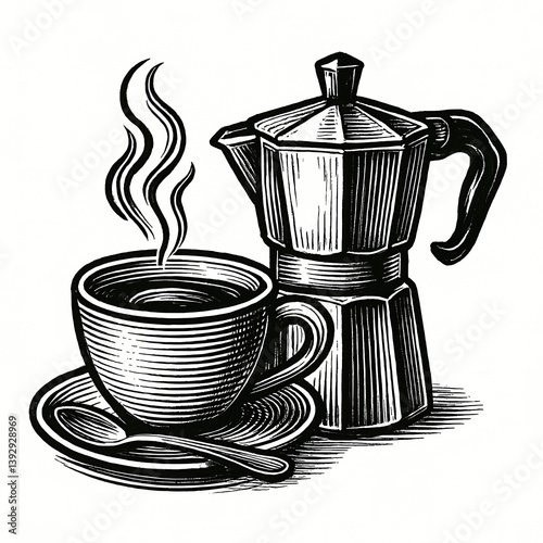 Vintage illustration of coffee cup with moka pot and spoon