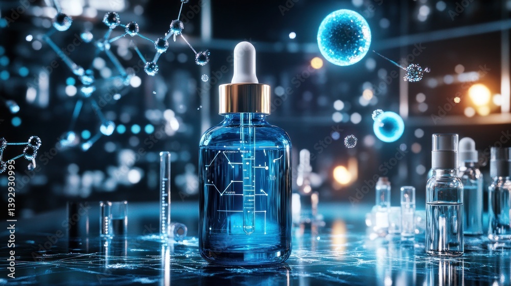 Futuristic Cosmetic Serum Product Shot with Advanced Molecular Visualization