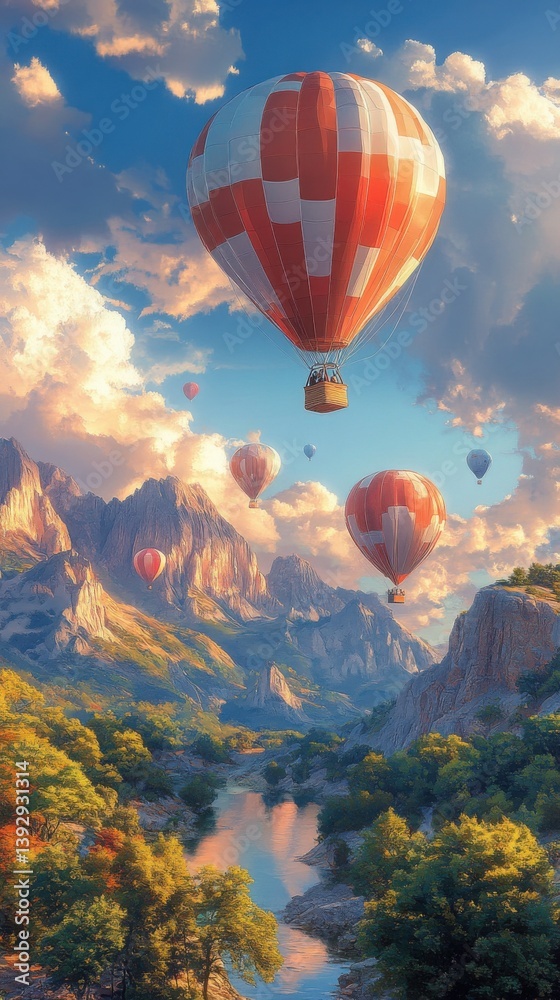 Fototapeta premium Hot Air Balloon Adventure: Scenic Aerial View of Lush Mountain Landscape at Sunrise
