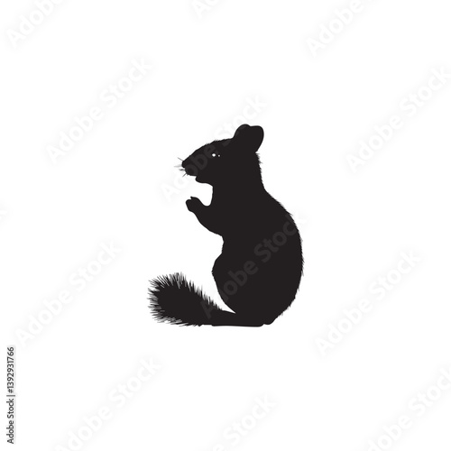 black and white image of a beautiful fluffy sitting squirrel on a white background, graphic, vector, logo
