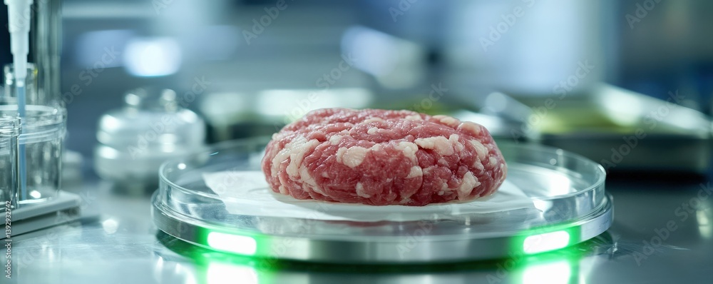 A laboratory setting features a raw meat patty on a scale, emphasizing food science and modern culinary processes. A laboratory setting features a raw meat patty on a scale, emphasizing food science and modern culinary processes.