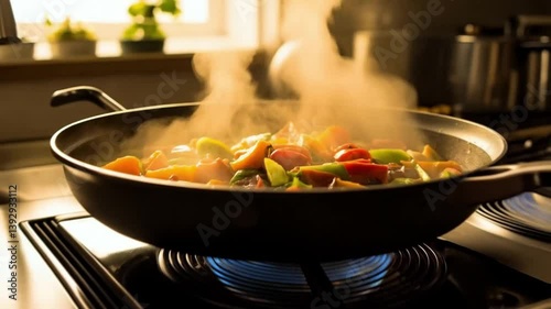 A pan of food is cooking on a stove and the steam is rising. The food is a mix of vegetables