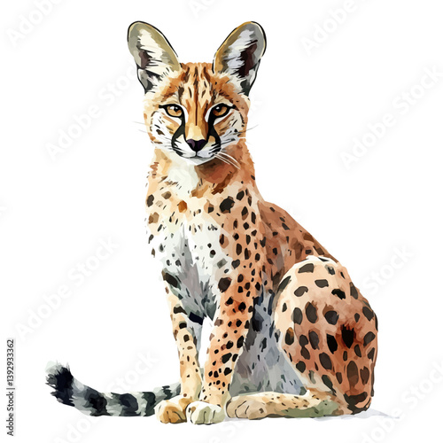 Serval, watercolor illustration, isolated on a white background.

