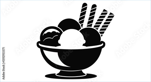 Ice cream scoop dessert with wafers vector icons. Black ice cream bowl silhouettes. Ice cream bowl with wafers silhouettes vector. Delicious ice cream dessert in bowl silhouettes vector design
