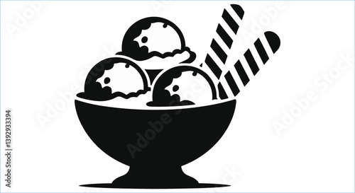 Ice cream scoop dessert with wafers vector icons. Black ice cream bowl silhouettes. Ice cream bowl with wafers silhouettes vector. Delicious ice cream dessert in bowl silhouettes vector design
