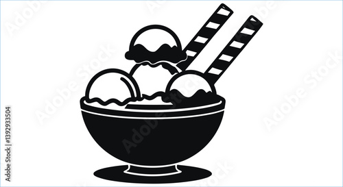 Ice cream scoop dessert with wafers vector icons. Black ice cream bowl silhouettes. Ice cream bowl with wafers silhouettes vector. Delicious ice cream dessert in bowl silhouettes vector design
