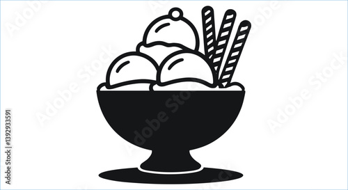 Ice cream scoop dessert with wafers vector icons. Black ice cream bowl silhouettes. Ice cream bowl with wafers silhouettes vector. Delicious ice cream dessert in bowl silhouettes vector design
