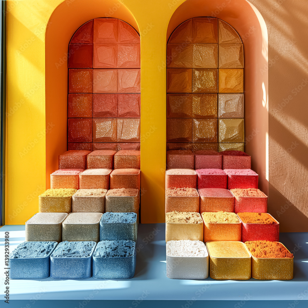 Fototapeta premium Two staircases of colorful blocks with a yellow wall behind them