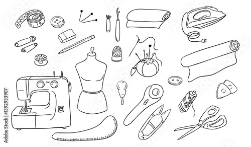 Hand drawn set of sewing tools and accessories including machine, scissors, pins, thread and mannequin. Represents tailoring, DIY fashion and creative crafting in playful black and white doodle style