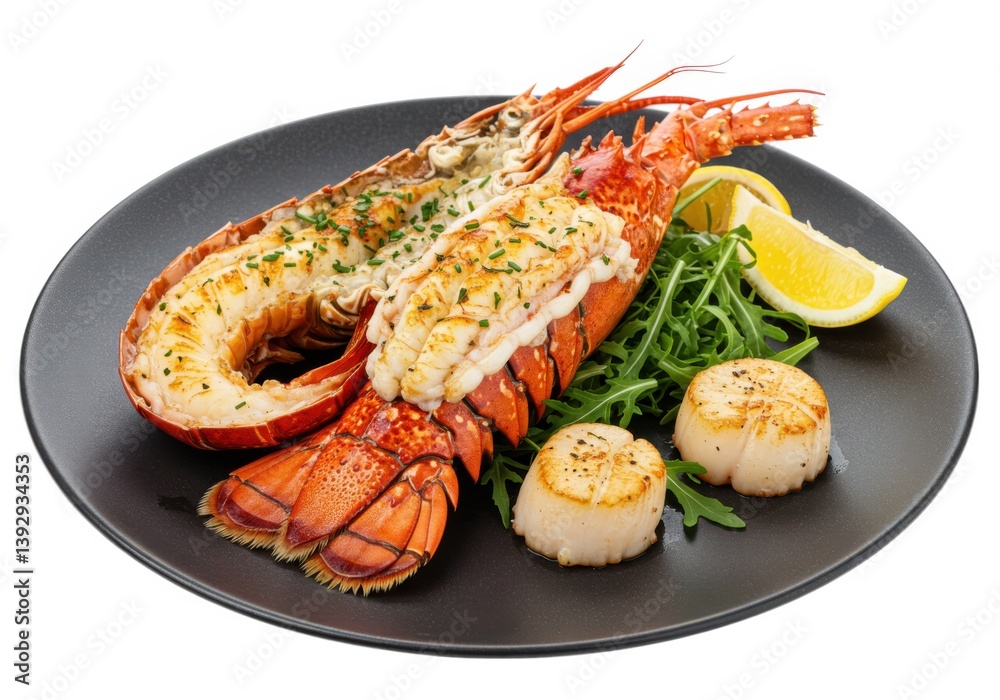 Lobster and scallops with lemon wedge on a dark colored round plate Lobster and scallops with lemon wedge on a dark colored round plate