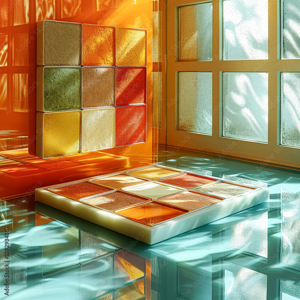 Fototapeta premium Colorful square with a white border is displayed in a room with a window