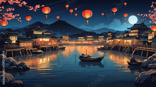 Night view of a Japanese fishing harbor with lanterns