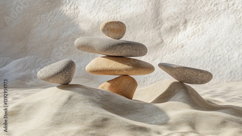 Obraz na płótnie Stacked stones balanced on sand creating a zen like arrangement. w salonie