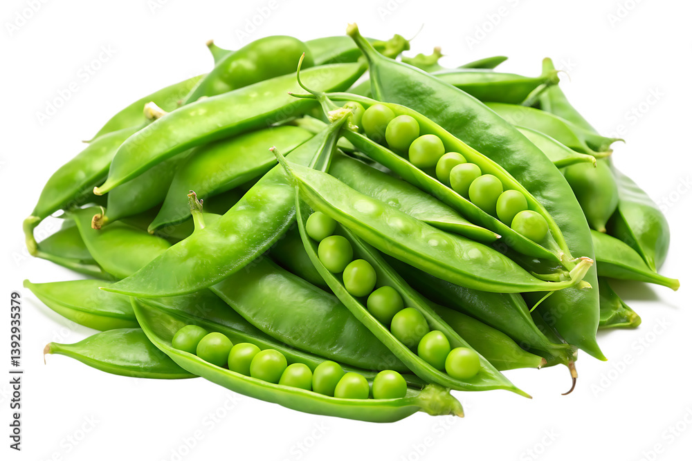 Fresh green snow peas isolated on white background, ideal for healthy food and cooking projects Fresh green snow peas isolated on white background, ideal for healthy food and cooking projects