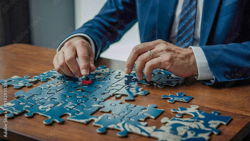 Businessman assembling a puzzle, strategizing solutions. Businessman assembling a puzzle, strategizing solutions.