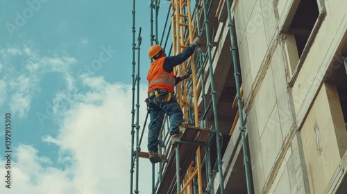 A scaffolder assembling scaffolding at a high-rise building. Featuring teamwork and precision