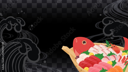 船盛と波の模様の背景イラスト_16:9