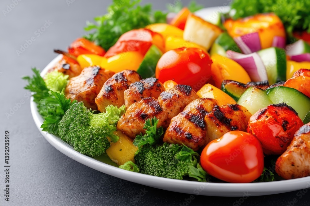 Grilled chicken and vegetable skewers. Fresh and flavorful skewers with grilled chicken, bell peppers, zucchini, tomatoes, and onions. Served on a white plate with fresh greens and broccoli Grilled chicken and vegetable skewers. Fresh and flavorful skewers with grilled chicken, bell peppers, zucchini, tomatoes, and onions. Served on a white plate with fresh greens and broccoli