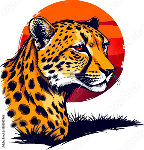 a picture of a leopard with the sun in the background