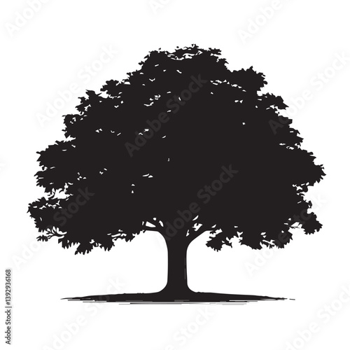 image of a tree with a lush crown, vector, black and white graphics

