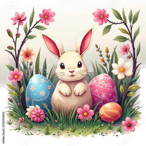 a bunny sitting in the grass with easter eggs
