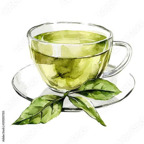 Sencha Green Tea, watercolor illustration, isolated on a white background.

