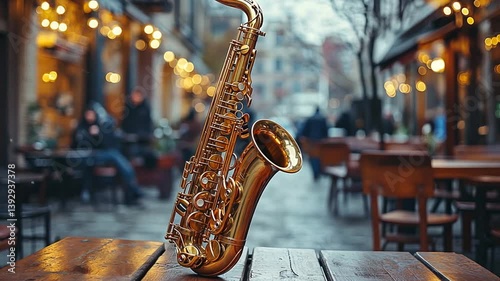 Golden saxophone on outdoor cafe table in European city