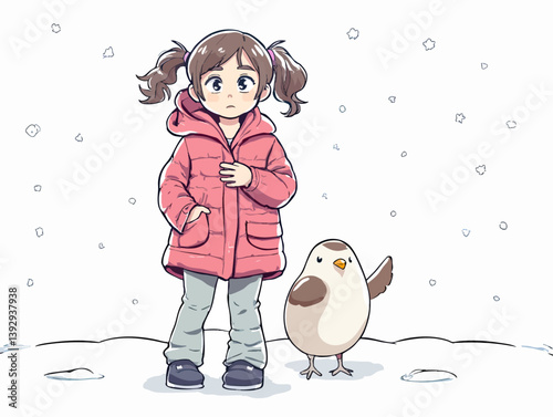 a girl standing next to a bird in the snow