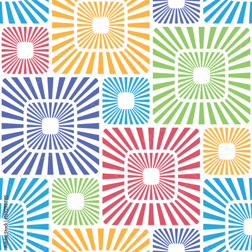 Abstract background of colorful striped squares on a white backdrop in a modern sunburst design. Vibrant summer style. Seamless repeating pattern. Vector illustration for textile and wrapping paper.