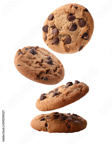 chocolate chip cookies falling on transparent background