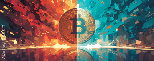 An abstract depiction of a bitcoin symbol. A coin split in half