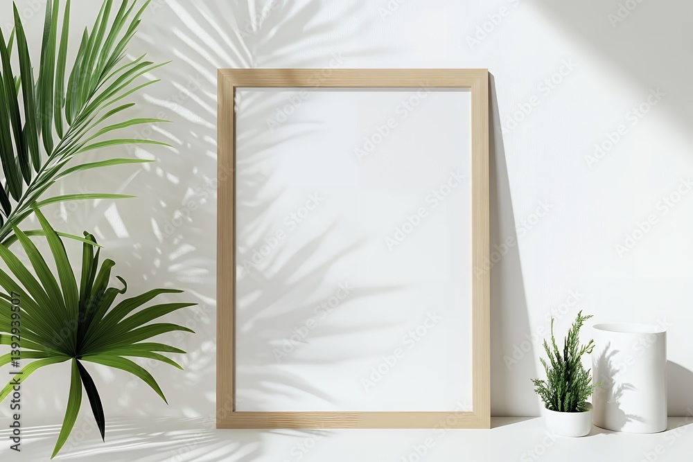 Blank Frame Mockup with Tropical Plants and Minimalist Decor Blank Frame Mockup with Tropical Plants and Minimalist Decor