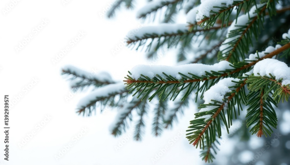 Snowy branches of fir tree isolated on white background, winter wonderland, winter, forest