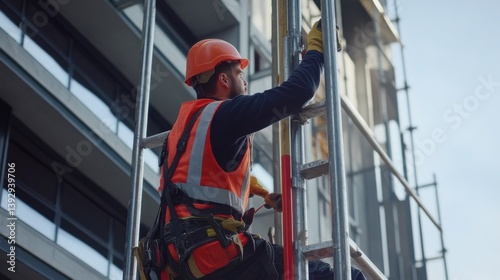 A scaffolder securing scaffolding around a building. Featuring teamwork and skill
