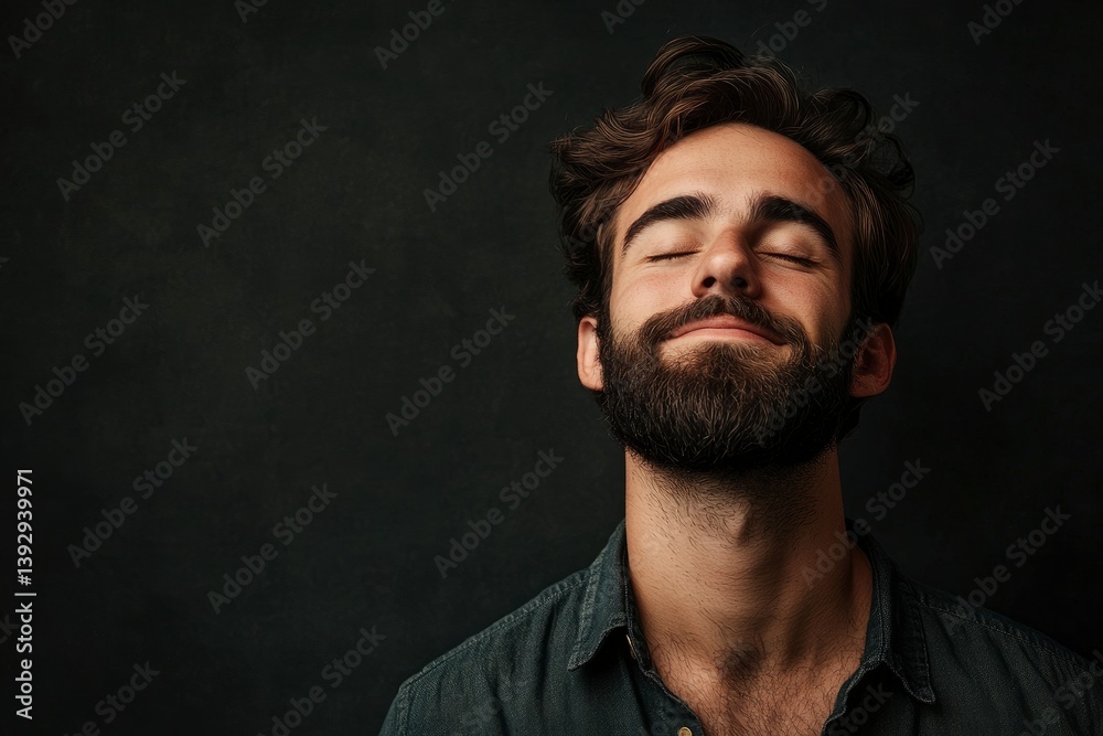 Portrait of a handsome man with a beard, looking up with closed eyes and a smile, against a dark grey background.