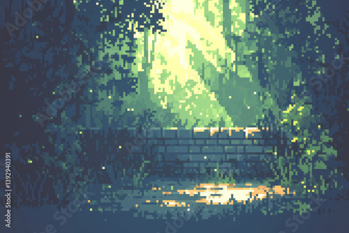Pixel art background with old brick wall overgrown with vegetation