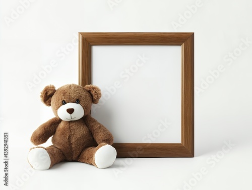 Brown Teddy Bear and Blank Wooden Frame on White Background
