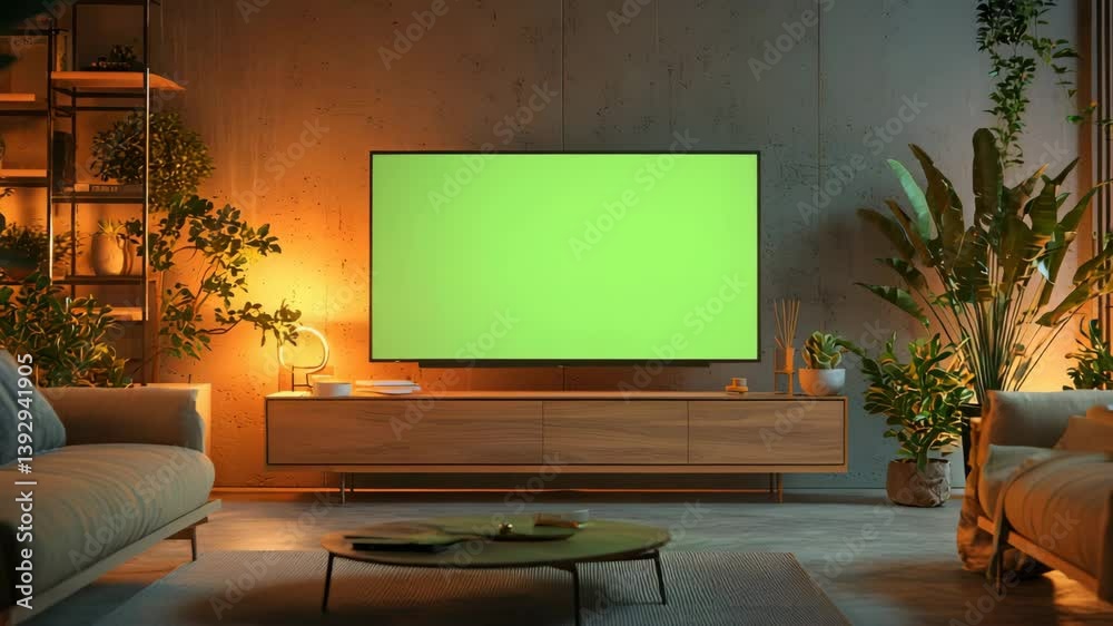Empty green screen in modern living room Empty green screen in modern living room