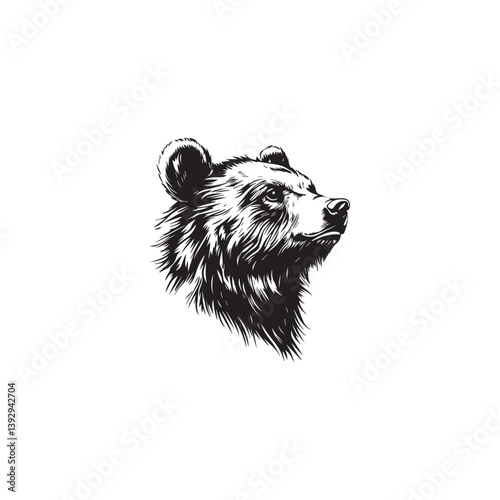 black and white image of a bear's head on a white background, graphics, vector, logo
