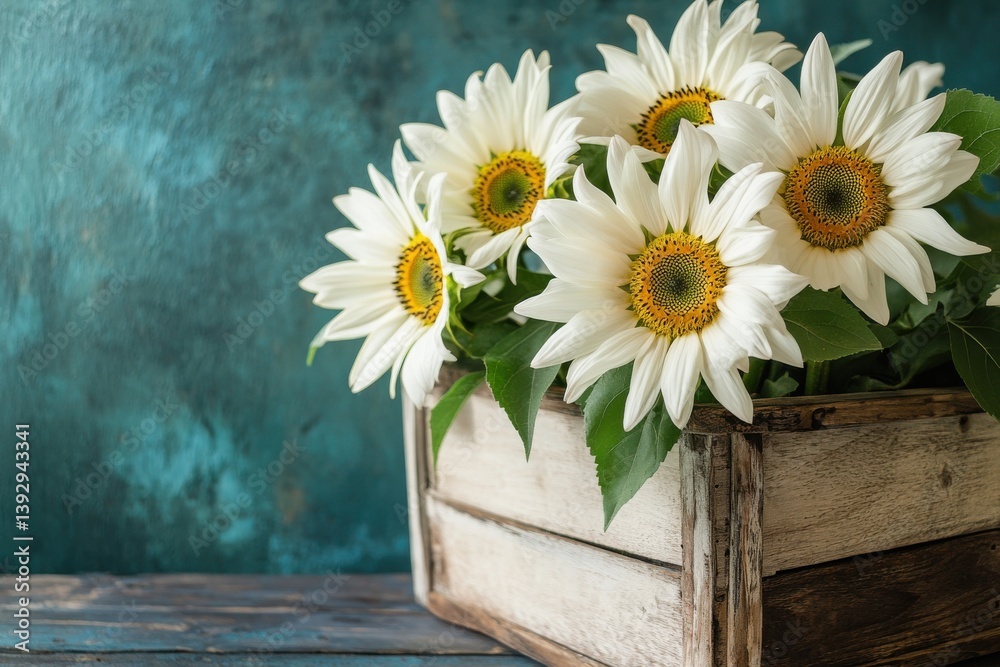Obraz premium Bright sunflowers in a rustic wooden box against a vibrant turquoise backdrop create a cheerful summer atmosphere