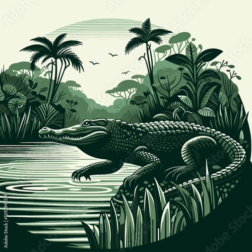 Crocodile resting by riverbank in lush rainforest, showcasing serene wildlife environment