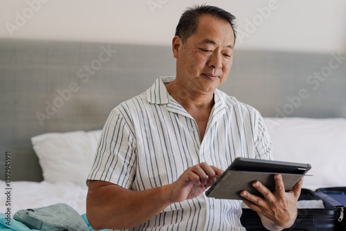 Asian man using tablet while sitting on bed, planning travel itinerary