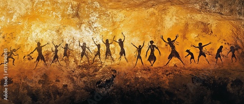Cave painting style figures with arms raised in celebration against a textured background.