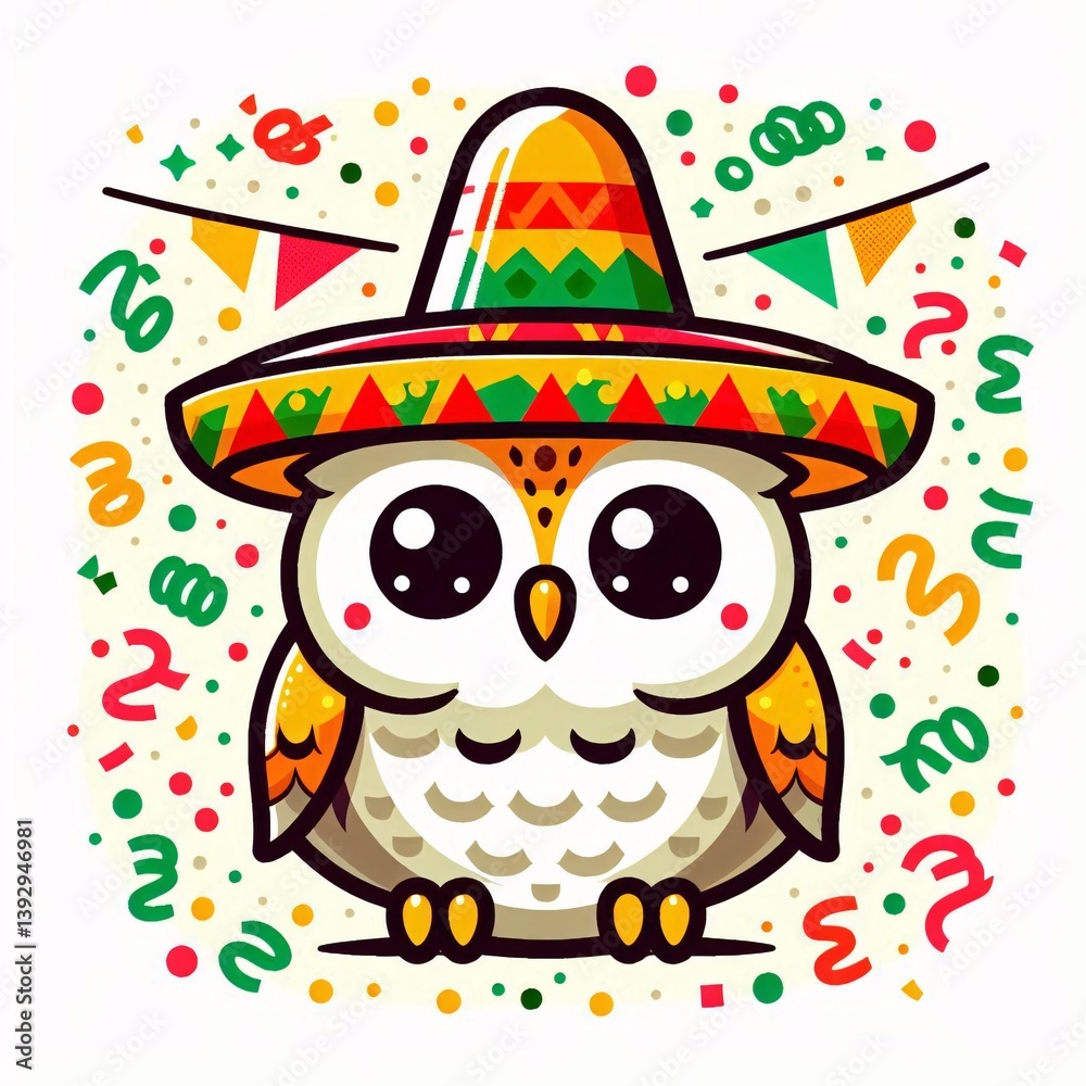 Colorful owl wearing a sombrero celebrates at a festive event with confetti and decorations Generative AI Colorful owl wearing a sombrero celebrates at a festive event with confetti and decorations Generative AI