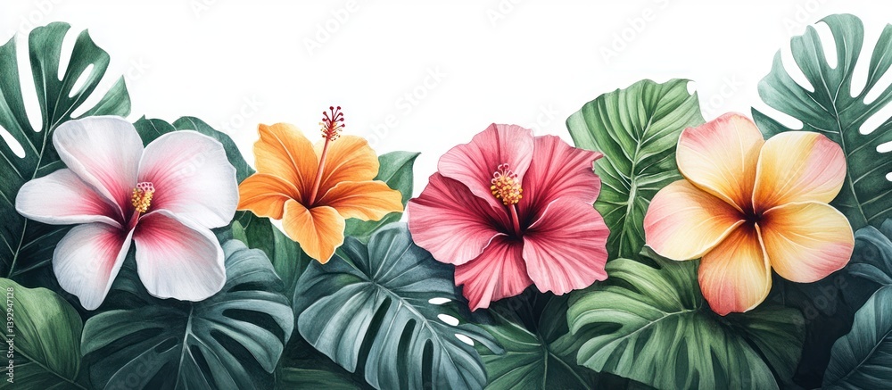 Fototapeta premium Tropical hibiscus flowers and monstera leaves border (1)