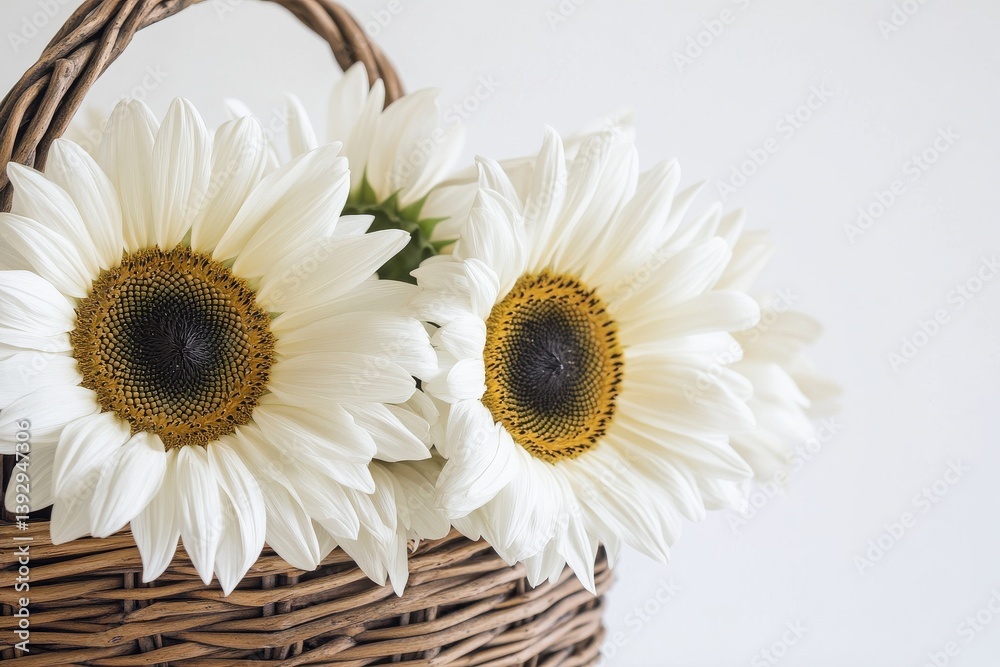 Obraz premium Bright sunflowers in a woven basket create a cheerful decor accent for any room in a cozy home